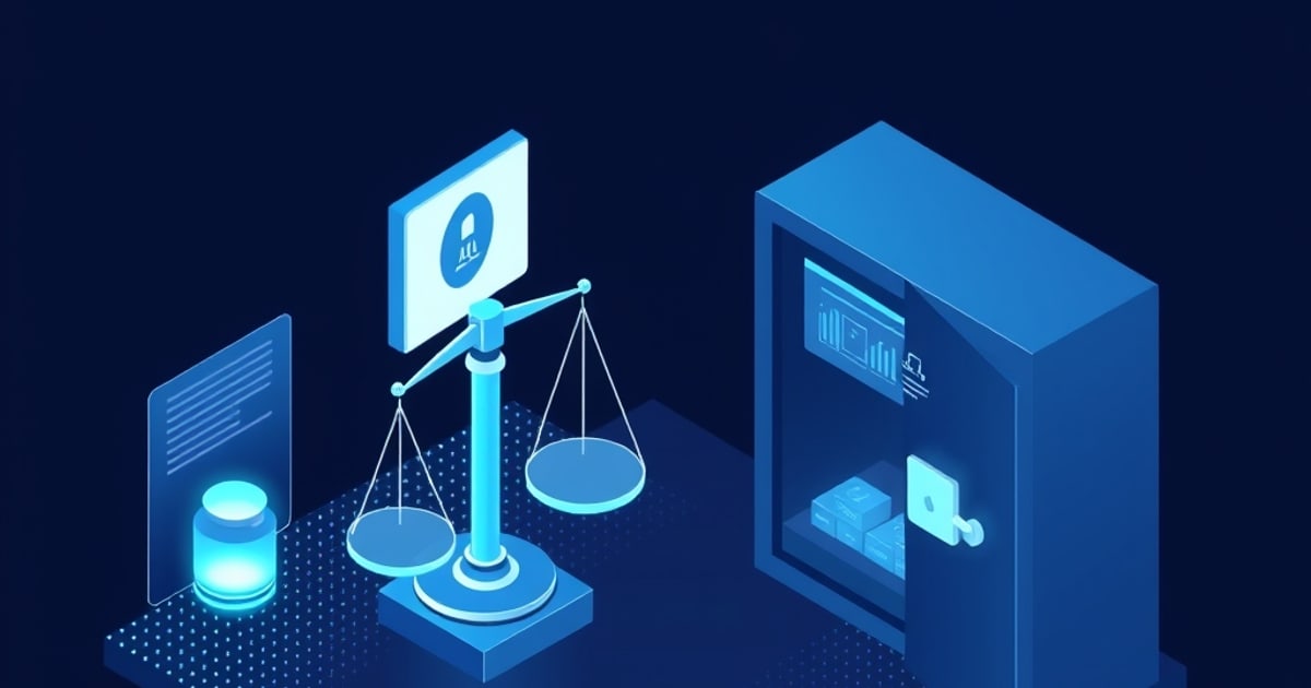 Flat isometric illustration of a balance scale beside an identity card, a data jar, and an open records cabinet, evoking anonymization tradeoffs.