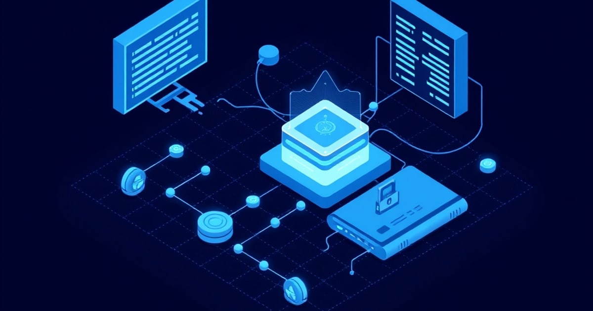 Isometric illustration of a code panel feeding two large cubes with arrows and magnifier pads around them, representing real records turned into synthetic data