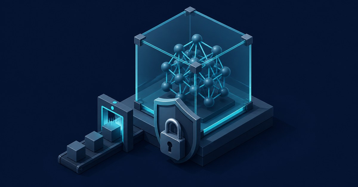A glowing neural network of connected spheres sits inside a glass cube on a data pipeline conveyor, guarded by a padlocked shield in isometric blue tones.
