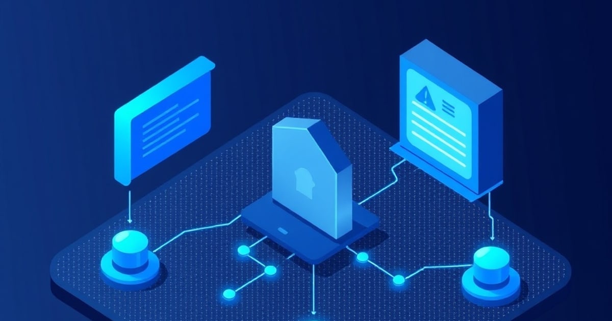 Isometric blue illustration of a shielded server icon linking to distributed nodes on a base plate, with two panels showing text-line placeholders and a warning triangle.