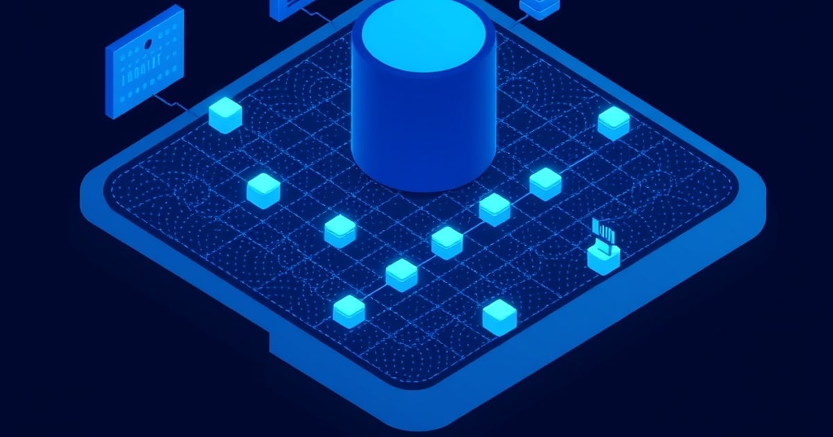 Isometric illustration of a large data-block cube ringed by smaller record cubes on a dark slab, representing a training set scrubbed of personal details