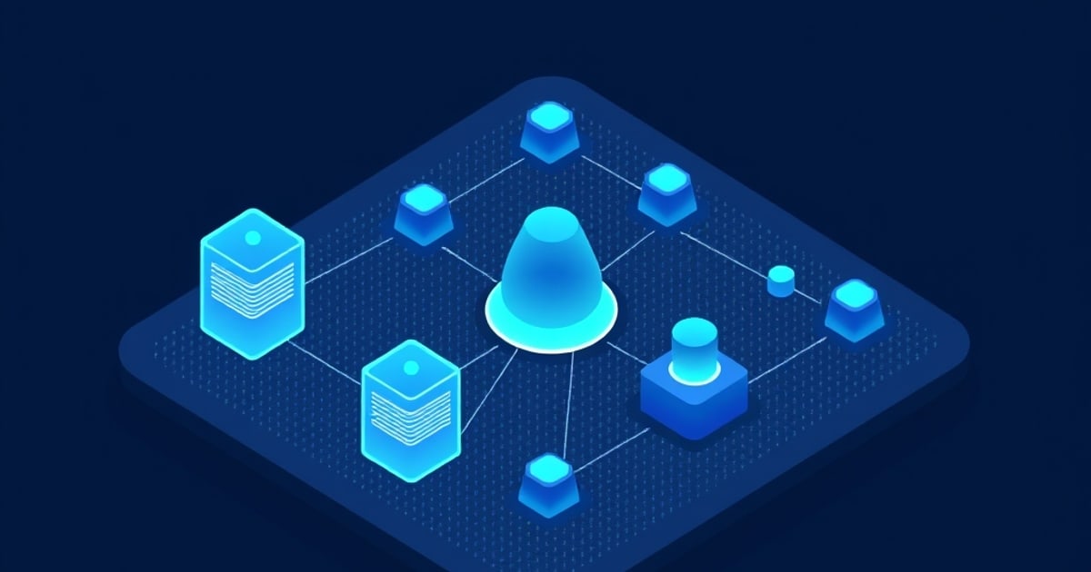 Flat isometric illustration of a blue cone on a lit disc at the center of a node graph with two card-stack cabinets, on a dark blue panel.