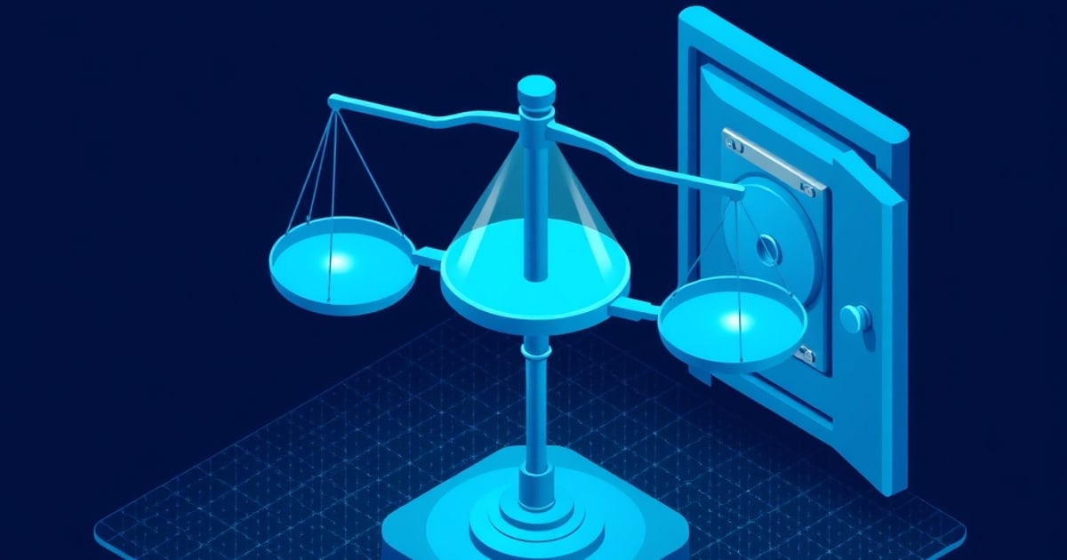 Flat isometric illustration of a cyan balance scale with two pans and a central funnel standing in front of an open vault door.